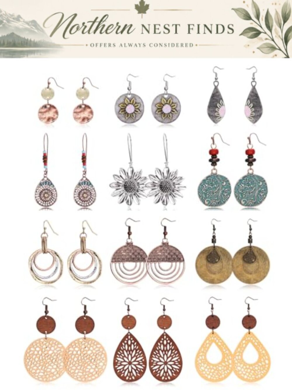 Boho Vintage Dangle Earrings Set 12 Pairs Wooden Geometric Teardrop